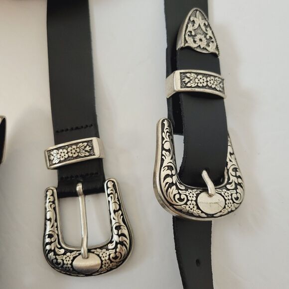 Western Embossed Metal Floral Scrolled Black Leather Double Buckle Belt main image 9